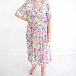 Vintage 90's D'allaird's Pink Green Yellow Floral Belted Midi Short Sleeve Dress